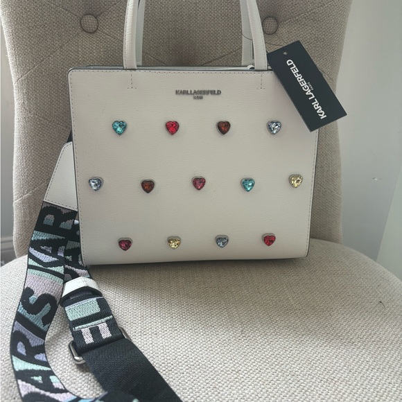 Karl Lagerfeld White Cross Body Bag with crystal Heart Embellishments - Picture 3 of 8